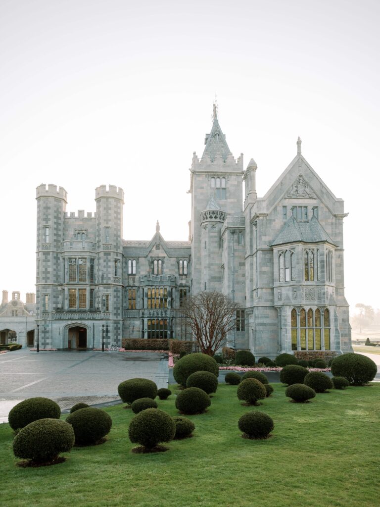 Neo-Gothic facade of Adare Manor in County Limerick