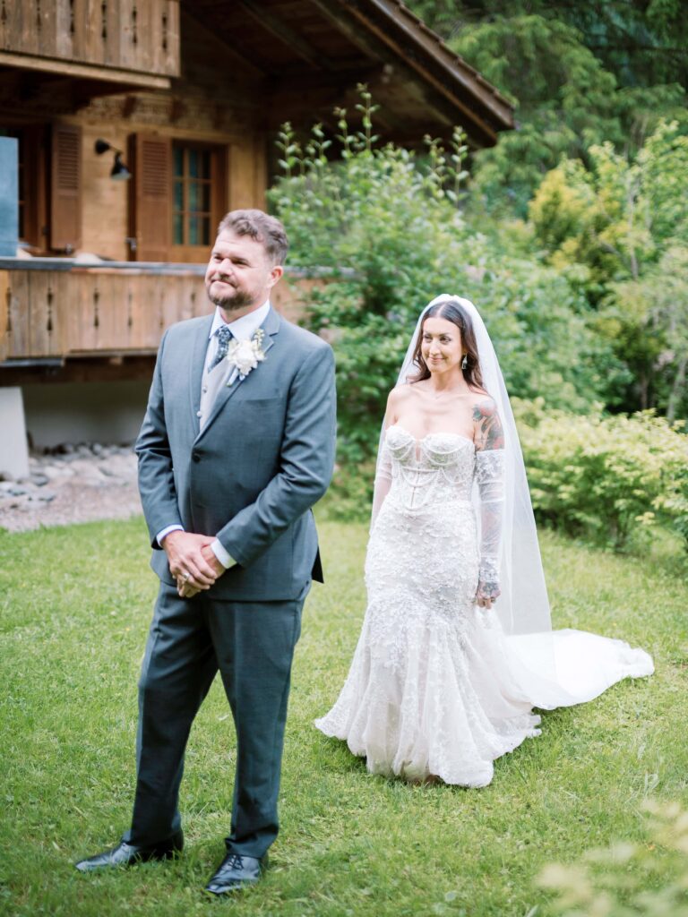 Candid first look moment for a couple eloping in Switzerland
