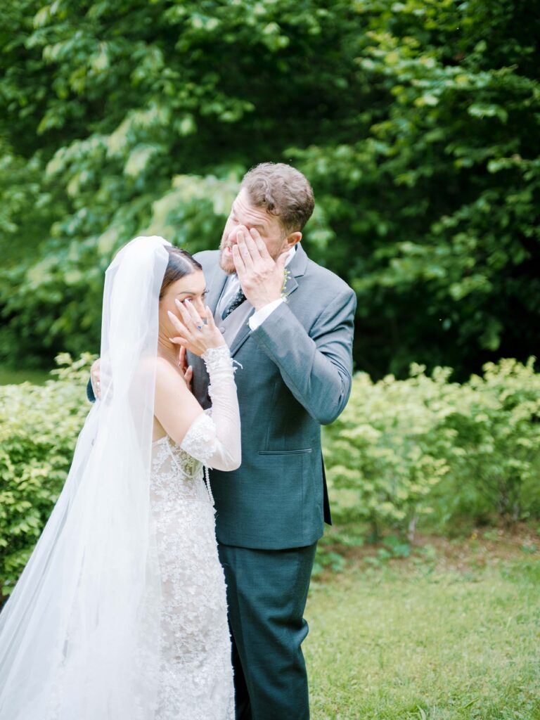 Bride and groom crying while they elope in Switzerland