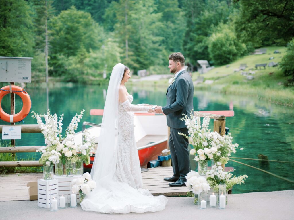 Romantic Swiss elopement ceremony by turquoise lake