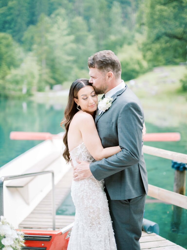 Bride and groom eloping in Switzerland’s Blausee