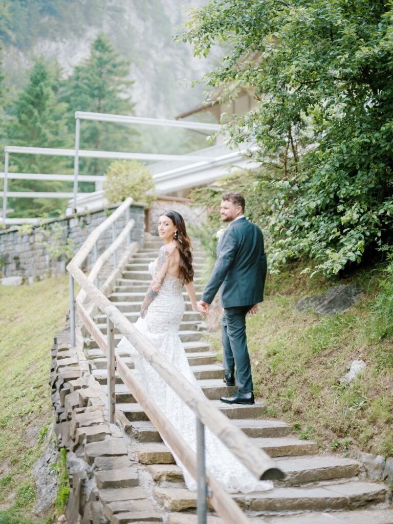 Swiss elopement photographer documenting couple at Blausee